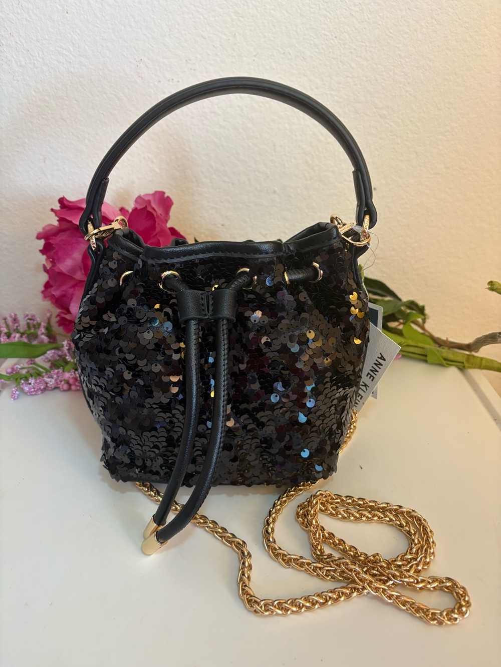 Anne Klein Small Black Sequin Bucket Bag, Gorgeous Removable Chain Strap, NWT